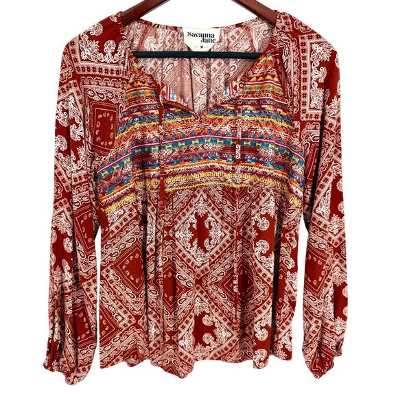 Anthropologie Tops - Anthropologie Savanna Jane Medium Boho Blouse Shirt Top Beach Festival Tropical